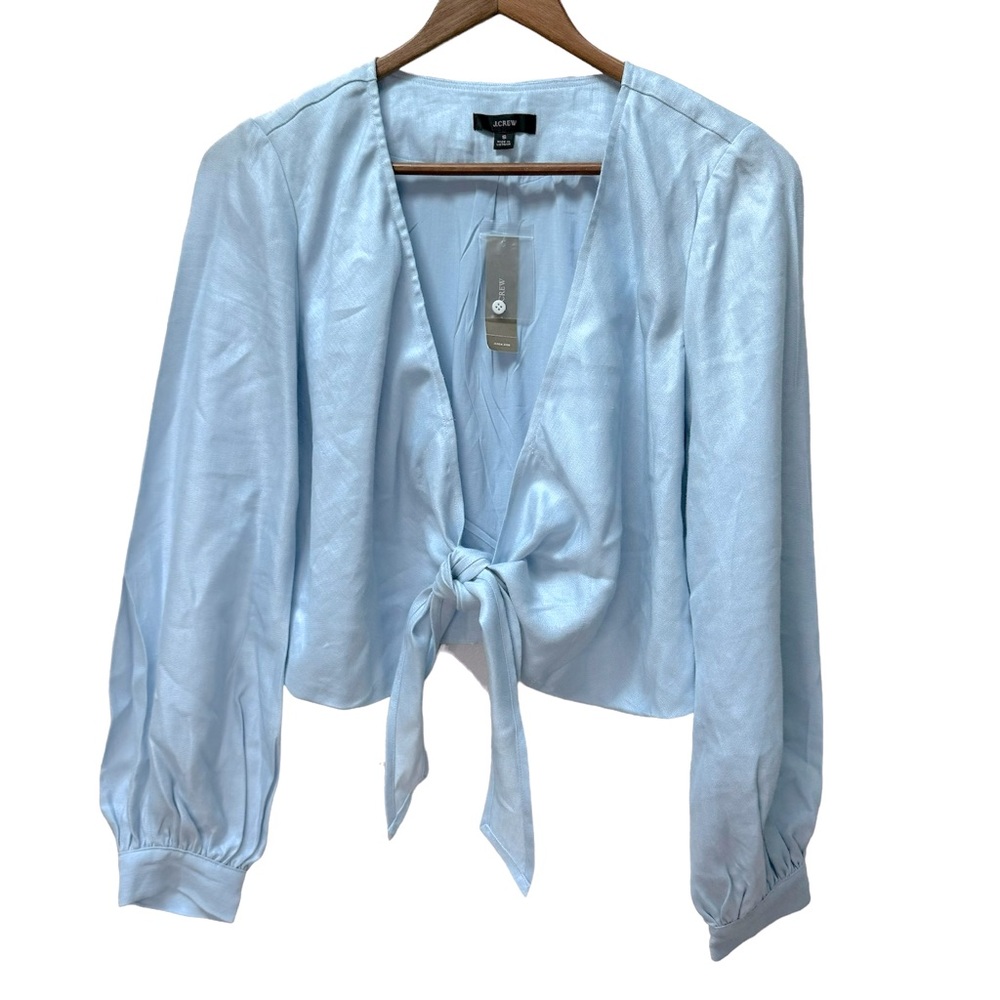 NEW J Crew Tie Front Linen Blend Cropped Top Gentle Sea - Picture 3 of 8